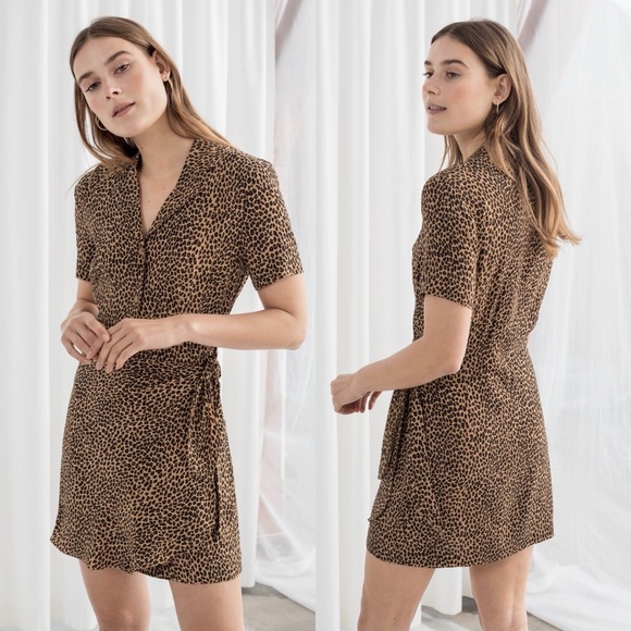 & Other Stories Dresses & Skirts - & OTHER STORIES Side Tie Leopard Short Sleeve Button Front Shift Mini Dress 10